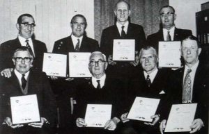 The British Legion celebrated its Golden Jubilee in 1972. The Queen marked the occasion by awarding the prefix Royal. Legion certificates for valuable service were presented. Back row (L-R) Joe Warner, Bill Ashton, Reg Sage, Ralph Coombes. Front row (L_R) Gordan Jarrett, Dr Crook, Bert Matthews, Fred Sperring.
